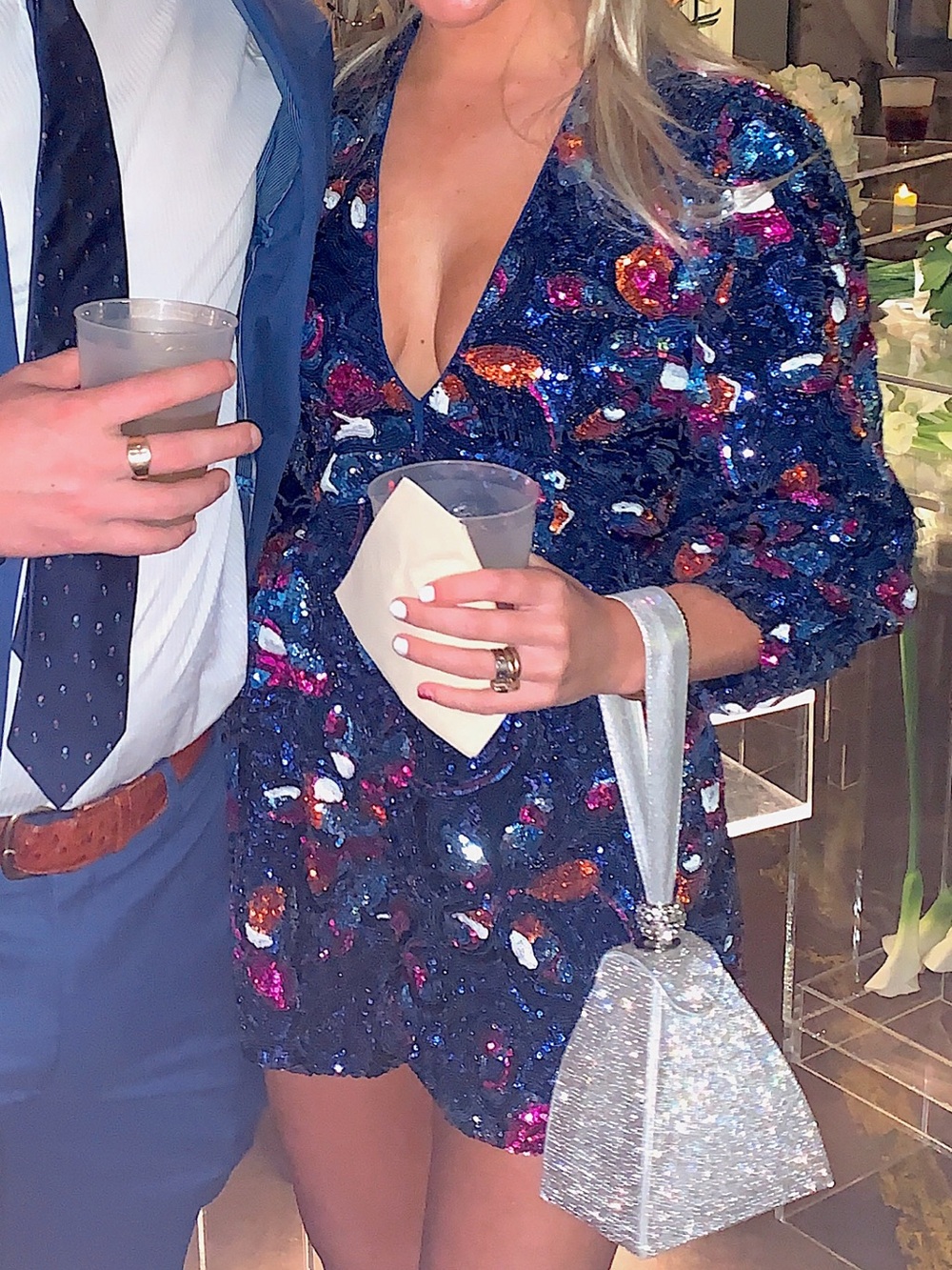 Navy Sequin V-Neck Party Romper with Multicolor Accents